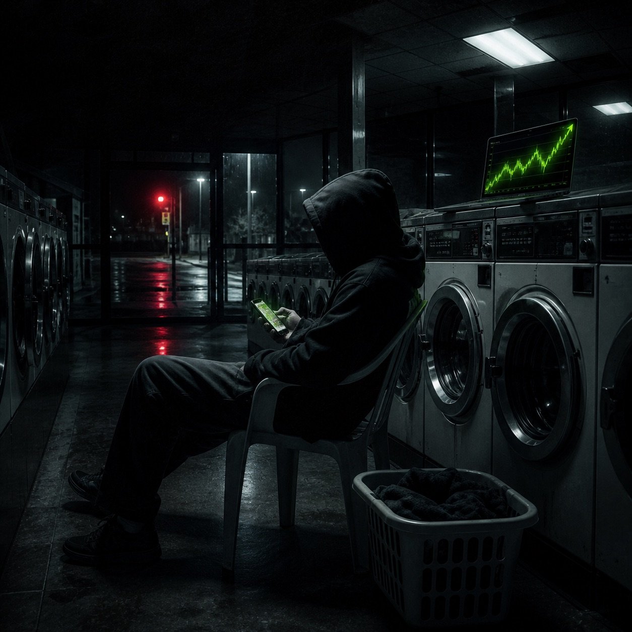 A hooded trader checking charts in an empty late-night laundromat